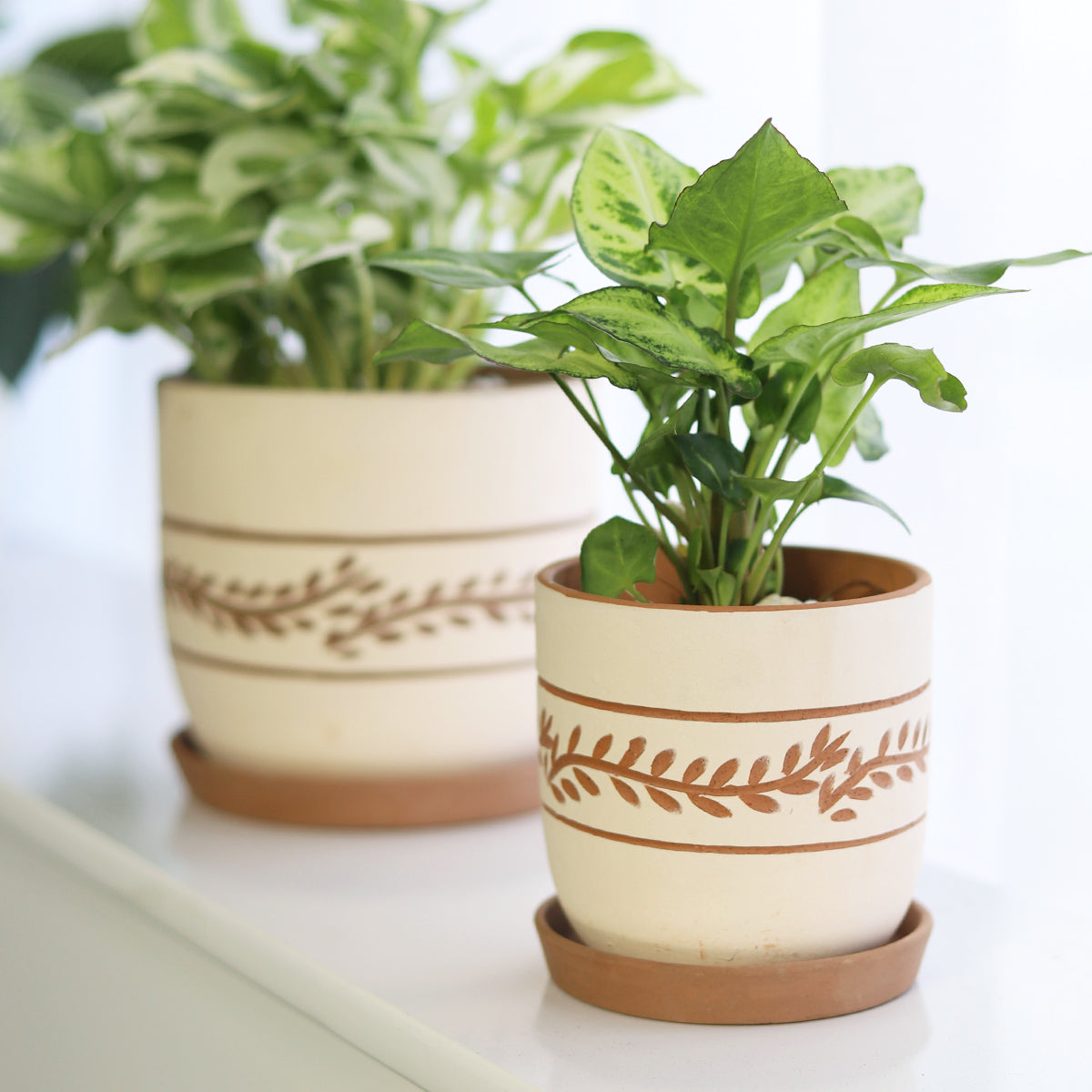 White Clay Horizontal Leaf Pattern Pot