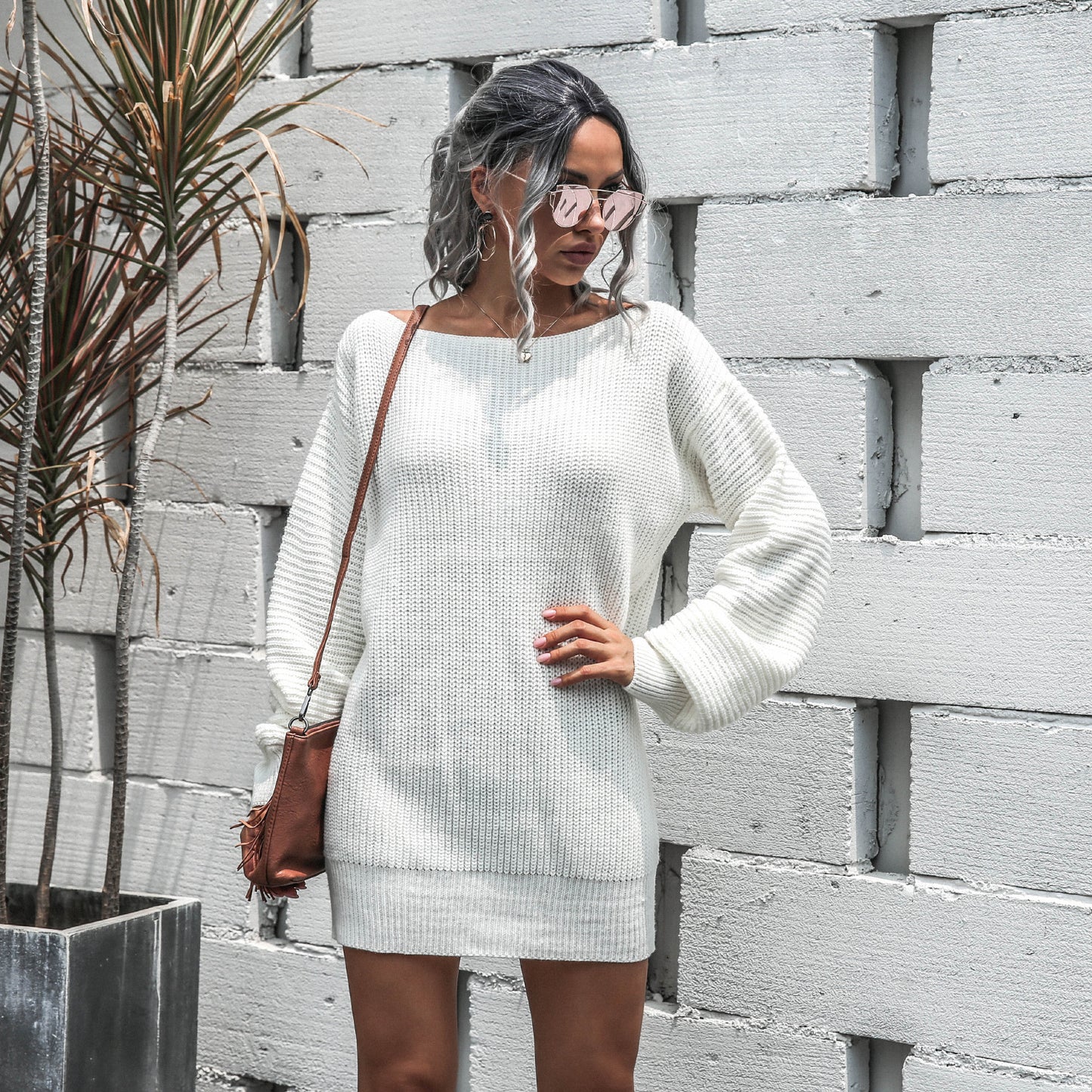 Ladies Lantern Sleeve Off the Shoulder Sweater Dress