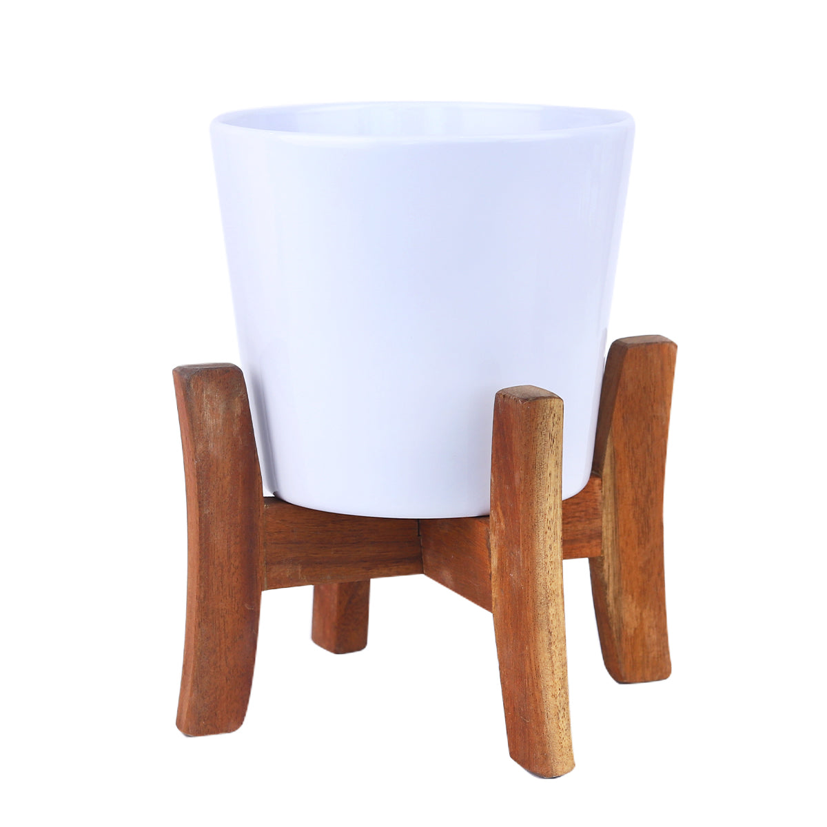 White Ceramic Pot with Wooden Stand