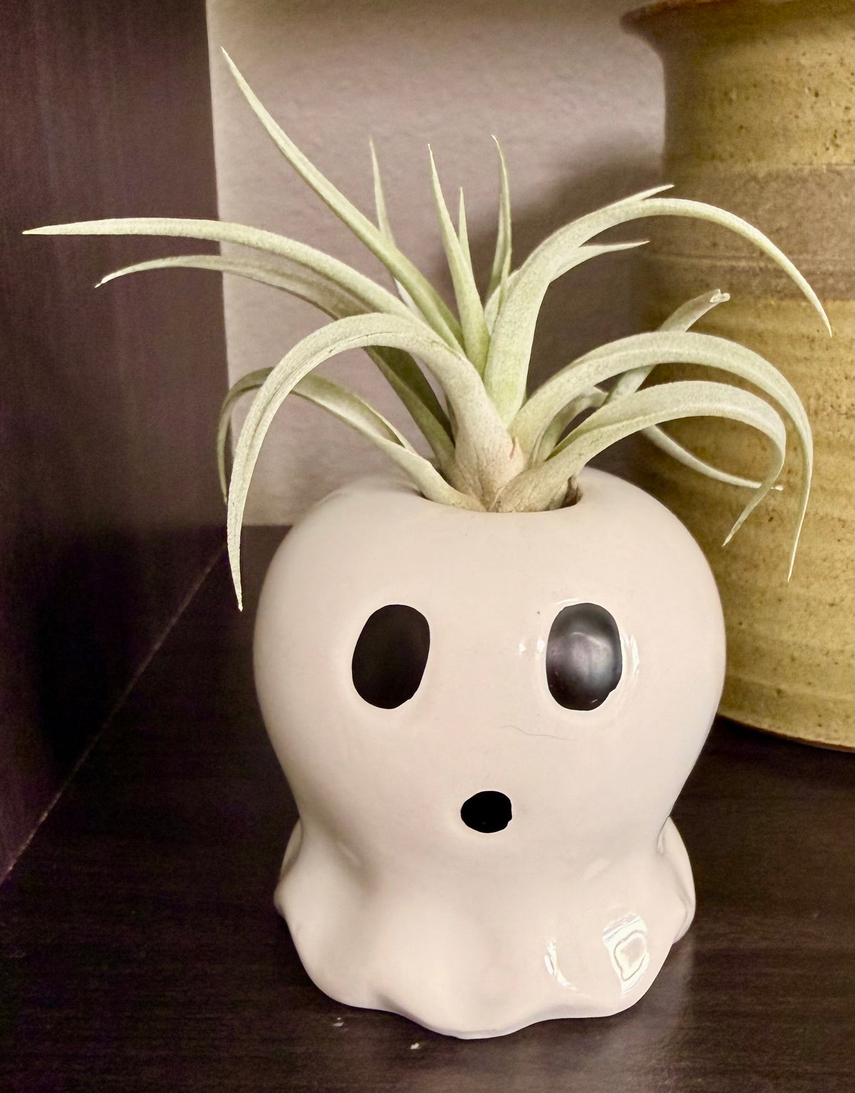 Halloween Ceramic Ghost Figure With Live Medium Air Plant - Office Decor - Fall Theme Plant Decor - Air Plant Holder - Halloween Decor - Medium Live Air Plant