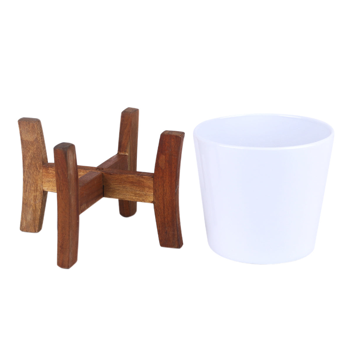 White Ceramic Pot with Wooden Stand