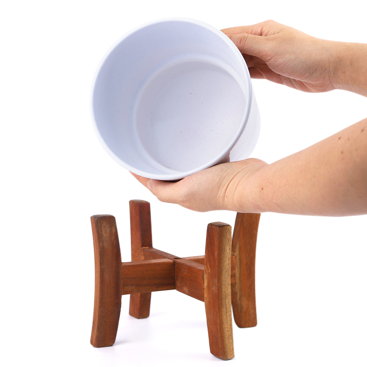 White Ceramic Pot with Wooden Stand