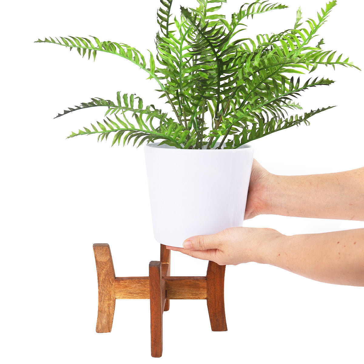 White Ceramic Pot with Wooden Stand