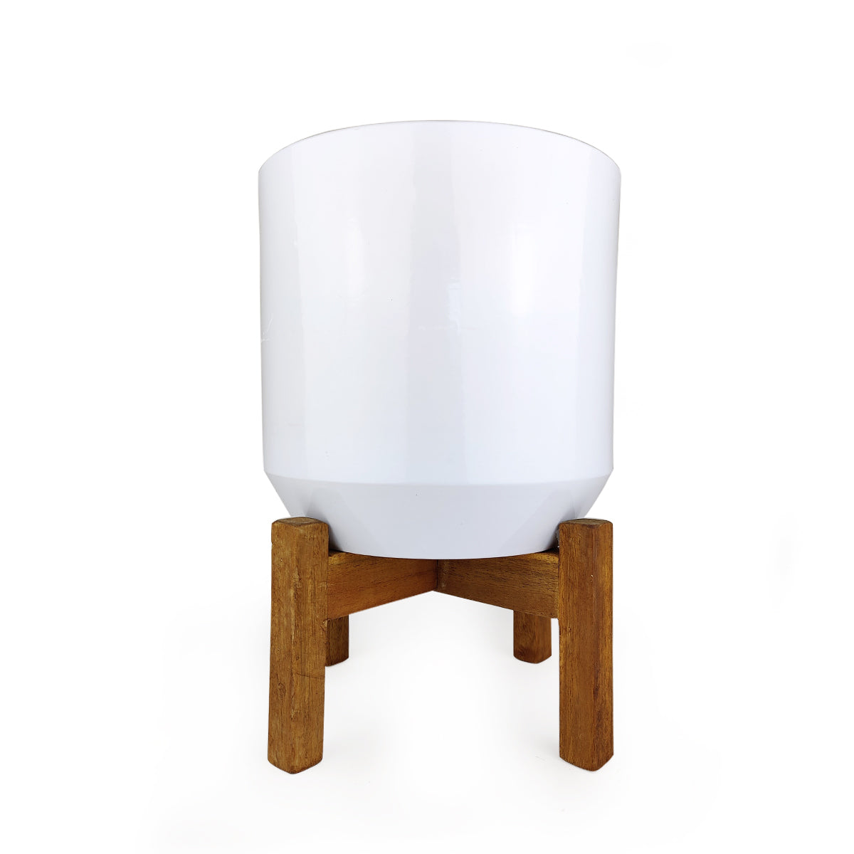 White Ceramic Pot with Wooden Stand