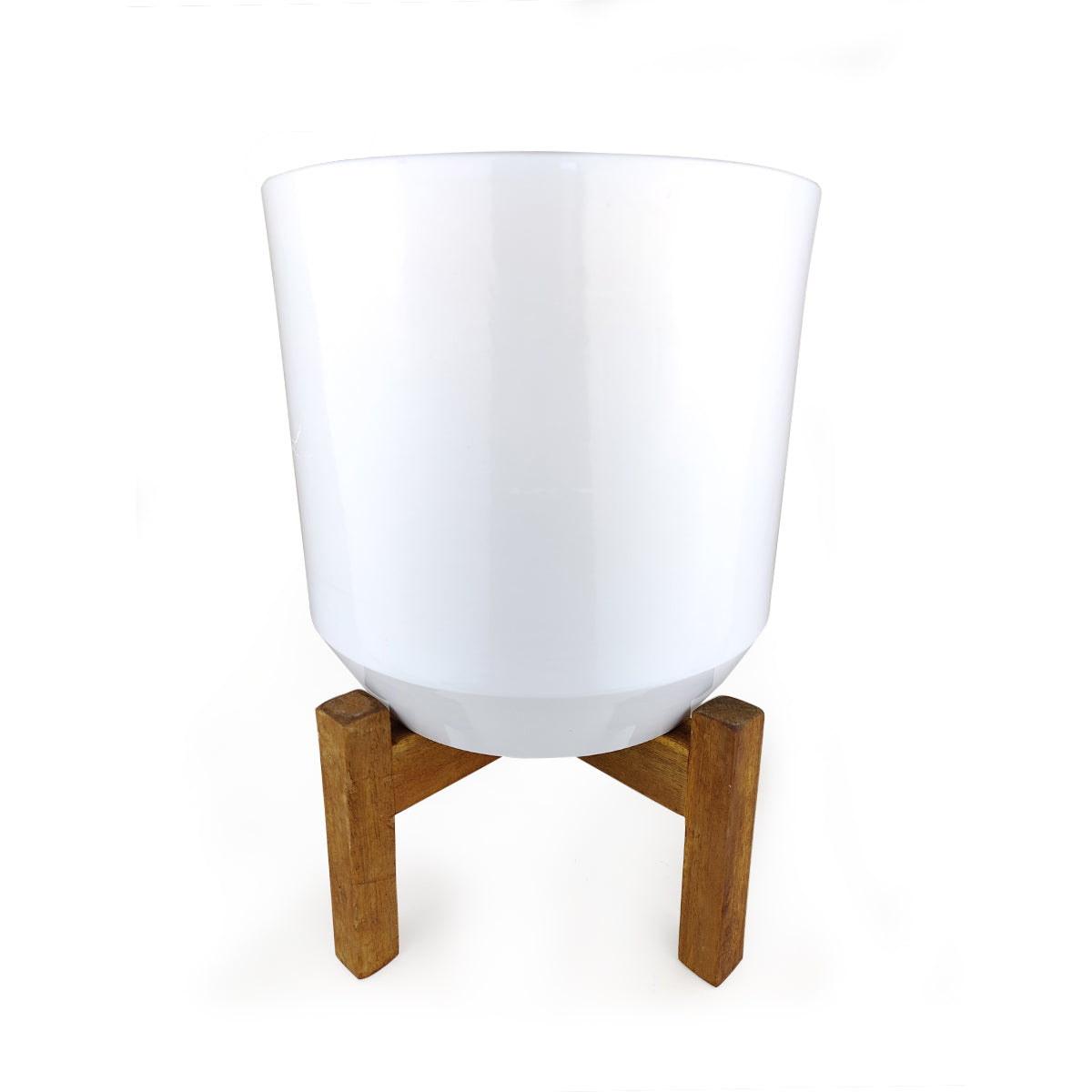 White Ceramic Pot with Wooden Stand