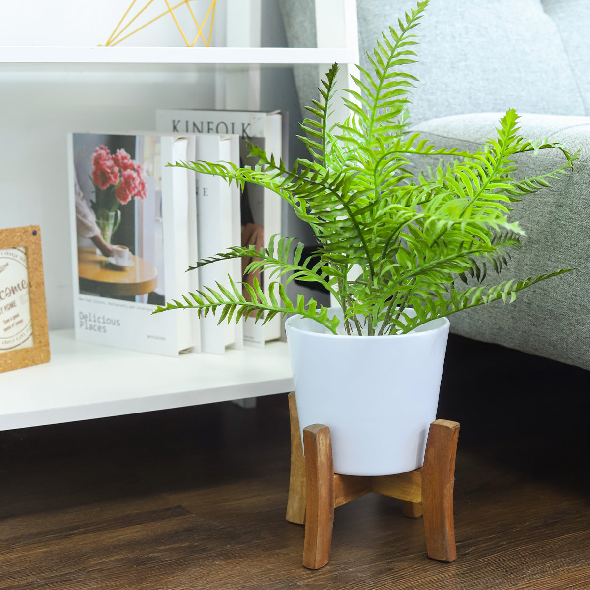 White Ceramic Pot with Wooden Stand