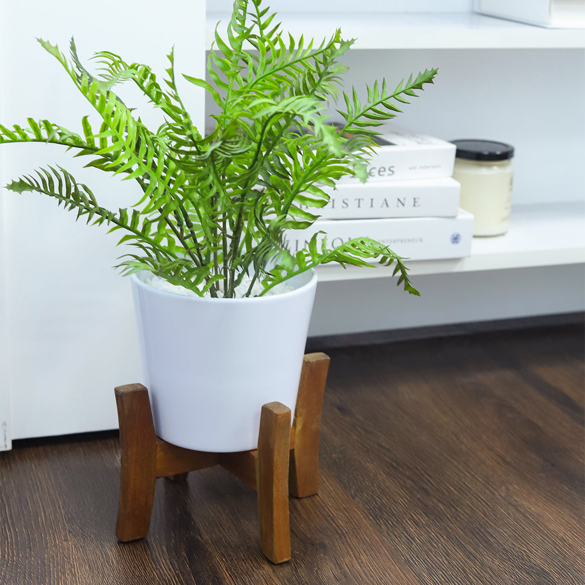 White Ceramic Pot with Wooden Stand