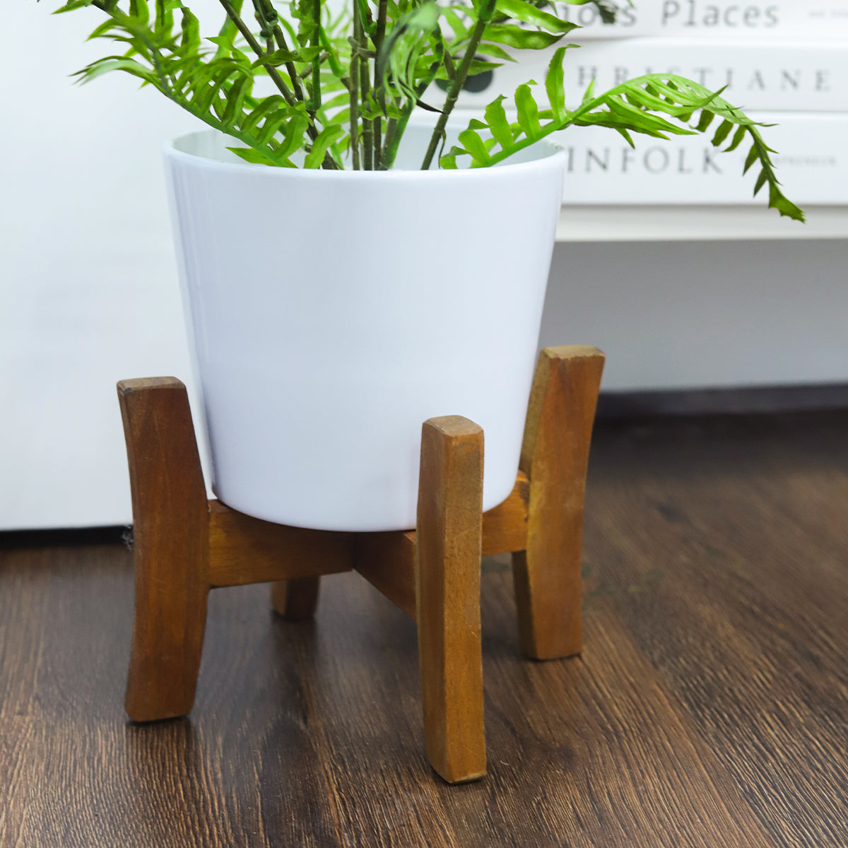 White Ceramic Pot with Wooden Stand