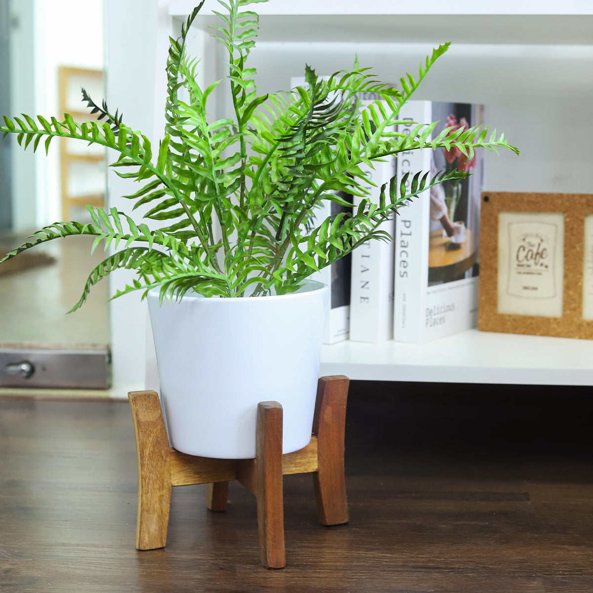 White Ceramic Pot with Wooden Stand