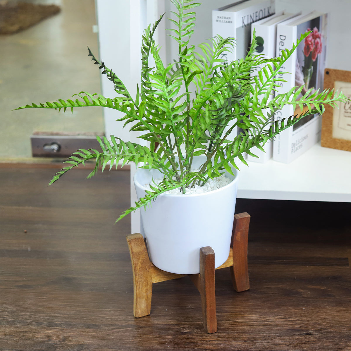 White Ceramic Pot with Wooden Stand