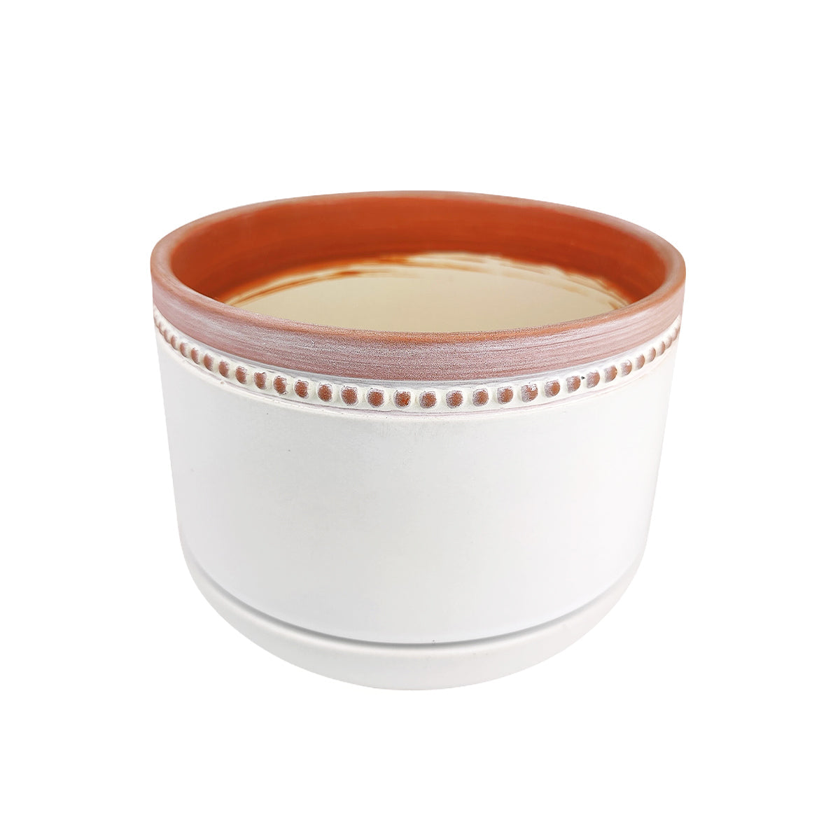 6 inch White Ceramic Bowl Planter with Coral Rim